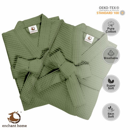 Sage green cotton waffle bathrobe folded view