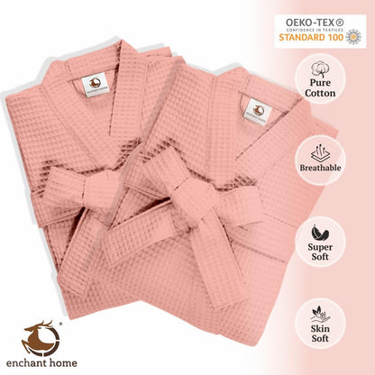 Pure Cotton Unisex Waffle Bath Robe - Peach