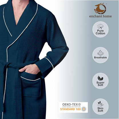 Navy-silver piped waffle bathrobe folded view